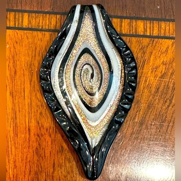 Murano Jewelry - Handblown Marquis Shaped Glass Pendant w/ Black, White & Bronze Swirl Design